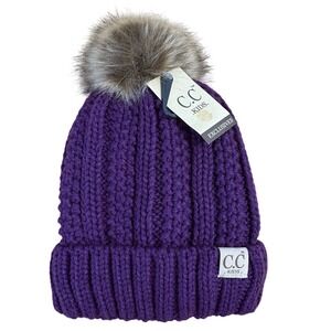 C.C Kids Exclusives Purple Cable Knit Beanie Faux Fur Pom Hat YJ-820 NEW